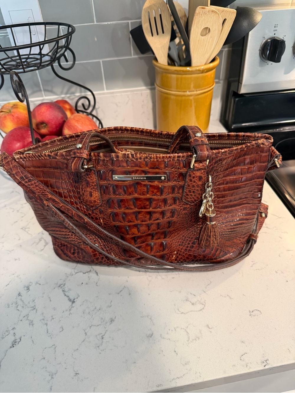 Brahmin Amber Brown Croc-Embossed Leather Shoulder Bag